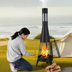 VEVOR Chiminea, 20 Inch Outdoor Wood Burning Firepit, Conical Fireplace for BBQ & Warming, Outside Wooden Fire Pit with Grill Mesh, Chimney Coat & Rustproof Chiminea Lid, for Patio, Garden, Backyard
