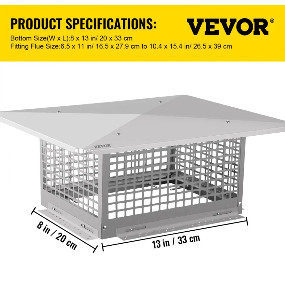 VEVOR Chimney Cap, 8" x 13" Flue Caps, 304 Stainless Steel Fireplace Chimney Cover, Adjustable Metal Spark Arrestor with Bolts Screws, Mesh Chimney Flue Cover for Outside Existing Clay Flue Tile