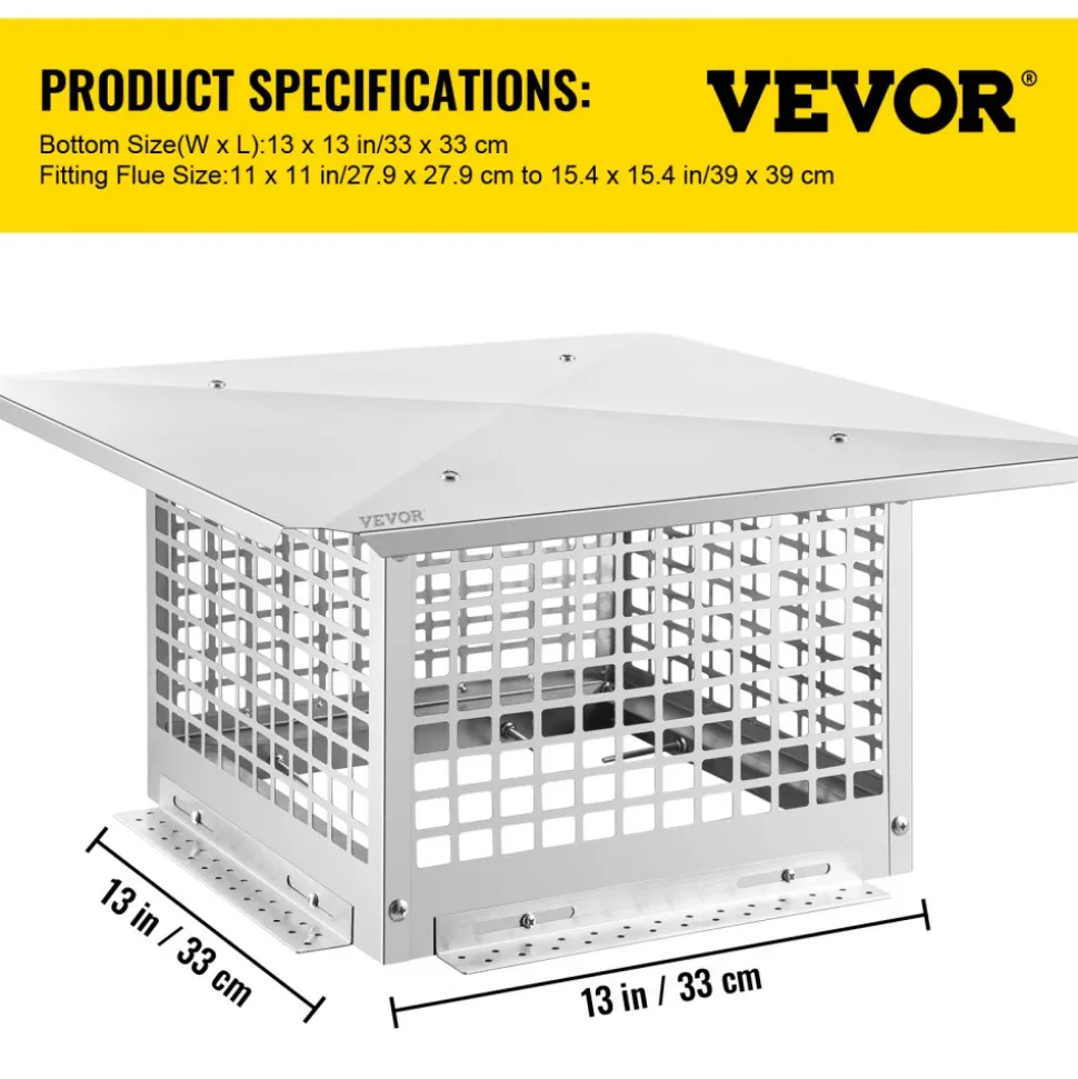 VEVOR Chimney Cap, 13" x 13" Flue Caps, 304 Stainless Steel Fireplace Chimney Cover, Adjustable Metal Spark Arrestor with Bolts Screws, Mesh Chimney Flue Cover for Outside Existing Clay Flue Tile