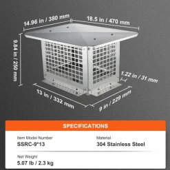 VEVOR Chimney Cap, 13 x 9 inch, 304 Stainless Steel Fireplace Chimney Cover, Not Easily Toppled & Practical Accessories & Easy Installation, Fits Mesh Flue Covers Outside Clay Flue Shingles, Silver
