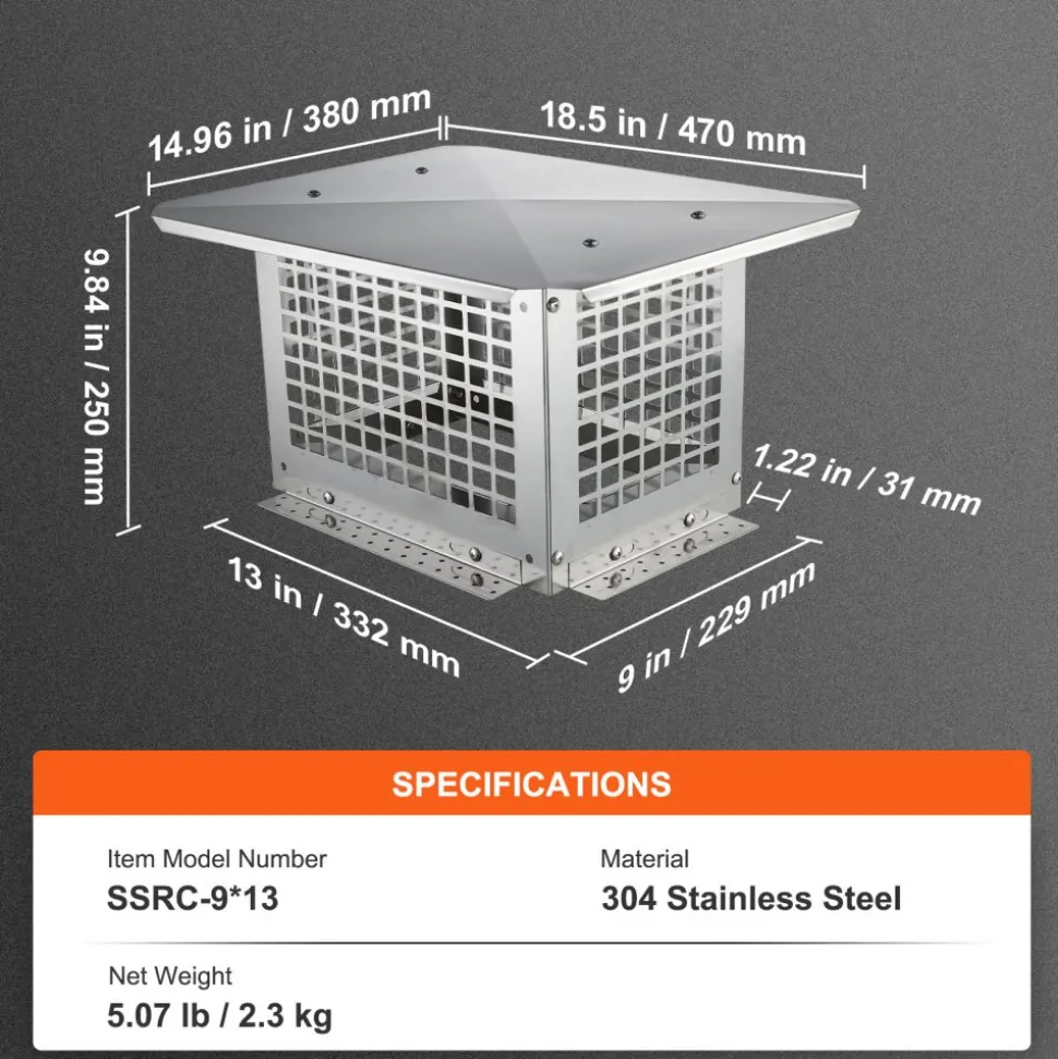 VEVOR Chimney Cap, 13 x 9 inch, 304 Stainless Steel Fireplace Chimney Cover, Not Easily Toppled & Practical Accessories & Easy Installation, Fits Mesh Flue Covers Outside Clay Flue Shingles, Silver