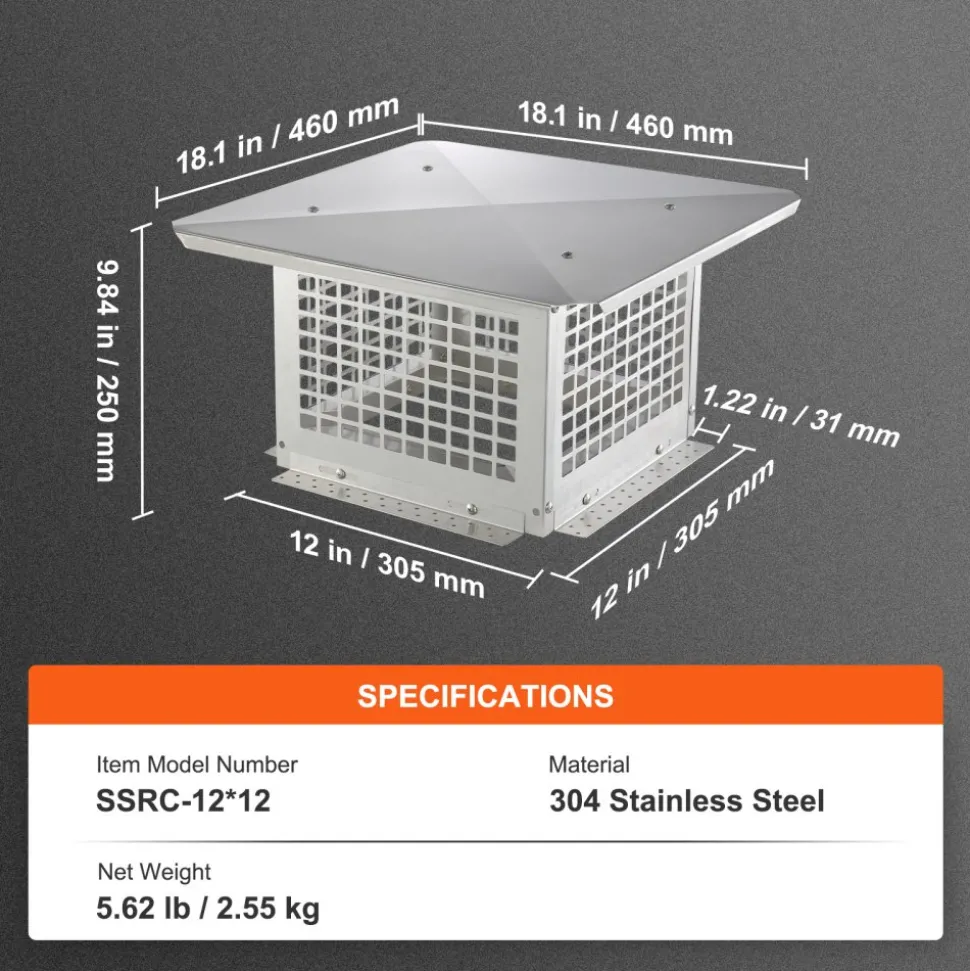 VEVOR Chimney Cap, 12 x 12 inch, 304 Stainless Steel Fireplace Chimney Cover, Not Easily Toppled & Practical Accessories & Easy Installation, Fits Mesh Flue Covers Outside Clay Flue Shingles, Silver