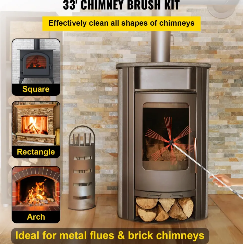 VEVOR Chimney Sweep Kit 33FT, Chimney Cleaning Tool Kits with 10 Nylon Flexible Rods, Chimney Brush 394 Inch for Sweeping Fireplace
