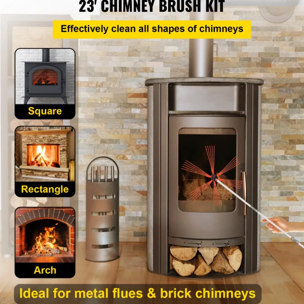 VEVOR Chimney Sweep Kit 23FT Length, Chimney Brush Kit with 7 Nylon Flexible Rods, Rotary Chimney Cleaning Kit Driven by Drill, Chimney Cleaning Tool Kits for Sweeping Fireplace Flue