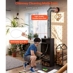 VEVOR Chimney Sweep Kit, 26 ft Maximum Extendable Length Chimney Brush, Chimneys Cleaning Kit with Bristle Replacements & Goggles, 90° Bendable Fireplace Cleaning Tool, for Square, Rectangle Chimneys