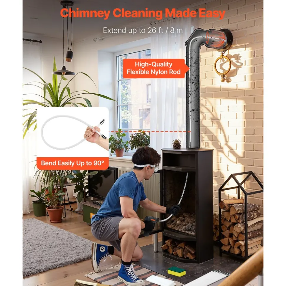 VEVOR Chimney Sweep Kit, 26 ft Maximum Extendable Length Chimney Brush, Chimneys Cleaning Kit with Bristle Replacements & Goggles, 90° Bendable Fireplace Cleaning Tool, for Square, Rectangle Chimneys