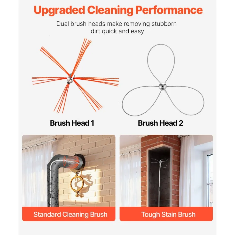 VEVOR Chimney Sweep Kit, 33 ft Maximum Extendable Length Chimney Brush, Chimney Cleaner Sweeper with Dual Brush Heads, Brush & Goggles, Fireplace Cleaning Tool for Square, Rectangle, Arch Chimneys