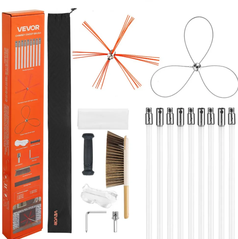 VEVOR Chimney Sweep Kit, 30 ft Maximum Extendable Length Chimney Brush, Chimney Cleaner Sweeper with Dual Brush Heads, Brush & Goggles, Fireplace Cleaning Tool for Square, Rectangle, Arch Chimneys