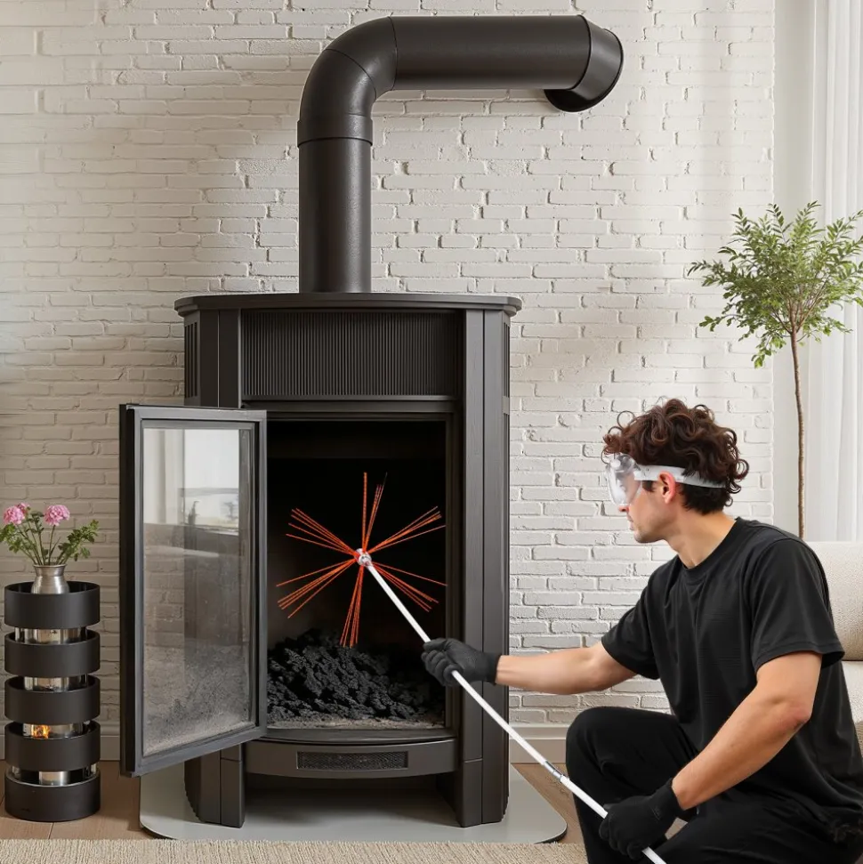 VEVOR Chimney Sweep Kit, 30 ft Maximum Extendable Length Chimney Brush, Chimney Cleaner Sweeper with Dual Brush Heads, Brush & Goggles, Fireplace Cleaning Tool for Square, Rectangle, Arch Chimneys