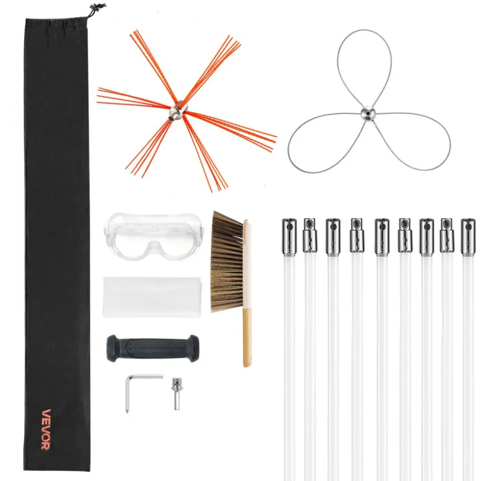 VEVOR Chimney Sweep Kit, 30 ft Maximum Extendable Length Chimney Brush, Chimney Cleaner Sweeper with Dual Brush Heads, Brush & Goggles, Fireplace Cleaning Tool for Square, Rectangle, Arch Chimneys