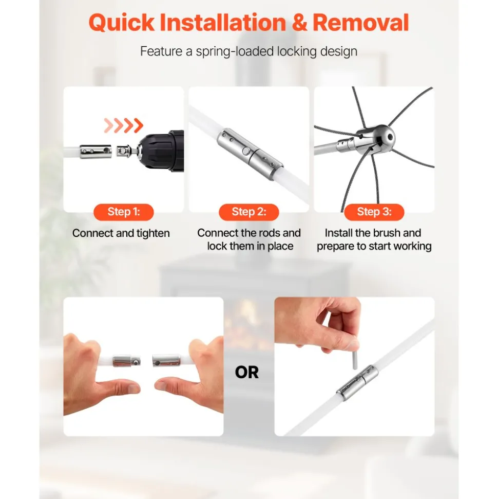 VEVOR Chimney Sweep Kit, 39 ft Maximum Extendable Length Chimney Brush, Chimney Cleaner Sweeper with Dual Brush Heads & Bristle Replacements, Fireplace Cleaning Tool for Square, Rectangle Chimneys