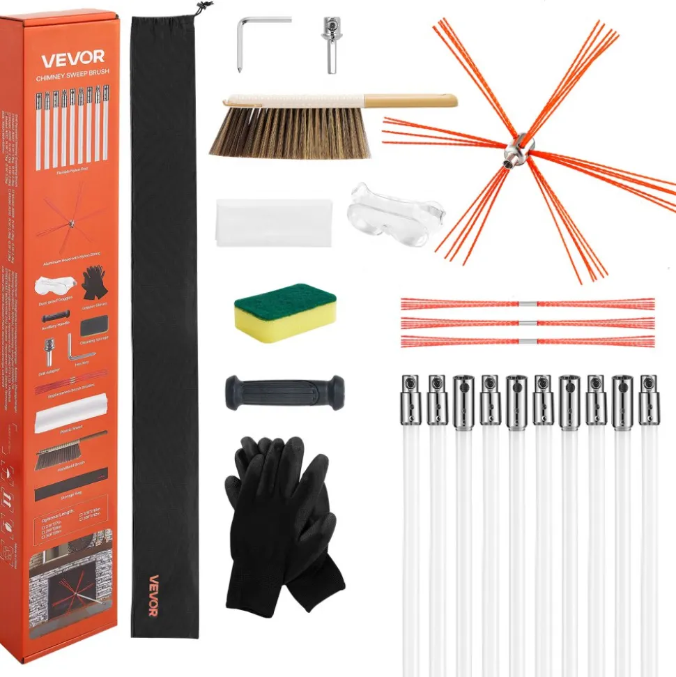 VEVOR Chimney Sweep Kit, 33 ft Maximum Extendable Length Chimney Brush, Chimneys Cleaning Kit with Bristle Replacements & Goggles, 90° Bendable Fireplace Cleaning Tool, for Square, Rectangle Chimneys