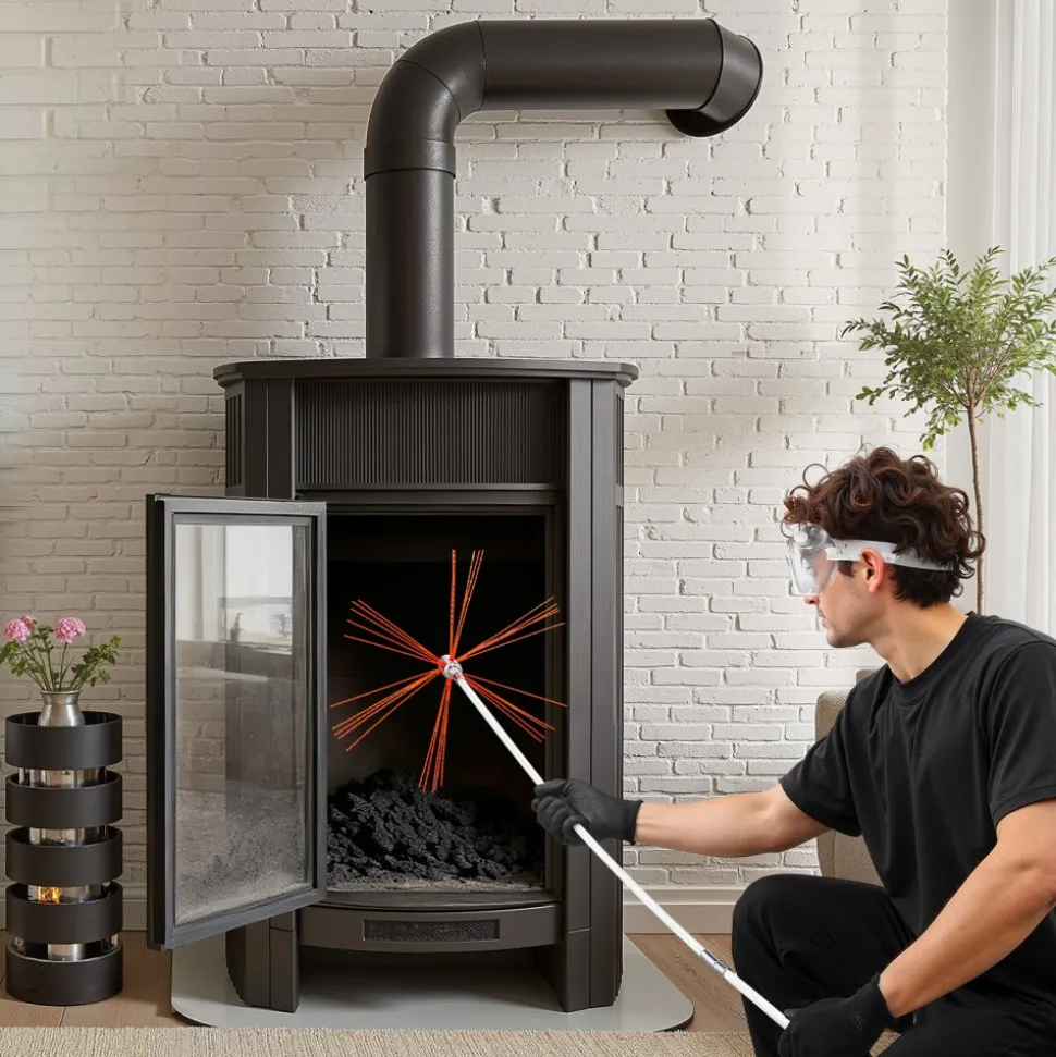 VEVOR Chimney Sweep Kit, 33 ft Maximum Extendable Length Chimney Brush, Chimneys Cleaning Kit with Bristle Replacements & Goggles, 90° Bendable Fireplace Cleaning Tool, for Square, Rectangle Chimneys
