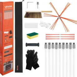 VEVOR Chimney Sweep Kit, 30 ft Maximum Extendable Length Chimney Sweep, Chimneys Cleaning Kit with Bristle Replacements & Goggles, 90° Bendable Fireplace Cleaning Tool, for Square, Rectangle Chimneys