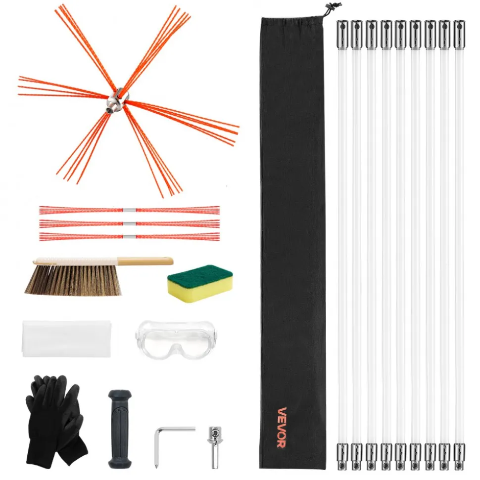 VEVOR Chimney Sweep Kit, 30 ft Maximum Extendable Length Chimney Sweep, Chimneys Cleaning Kit with Bristle Replacements & Goggles, 90° Bendable Fireplace Cleaning Tool, for Square, Rectangle Chimneys