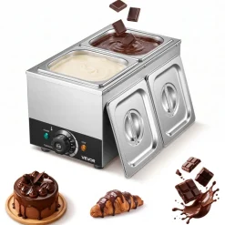 VEVOR Chocolate Melting Machine, 2 Tanks 9 Lbs Choc Commercial Melter, 800W High Power, Water Bath Heating System, Stainless Steel Body, 86℉- 185℉ Temp Range, Chocolate Warmer for Cheese Milk