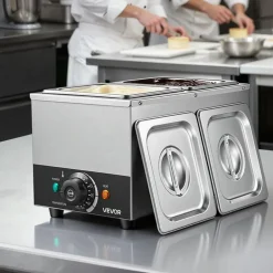 VEVOR Chocolate Melting Machine, 2 Tanks 9 Lbs Choc Commercial Melter, 800W High Power, Water Bath Heating System, Stainless Steel Body, 86℉- 185℉ Temp Range, Chocolate Warmer for Cheese Milk