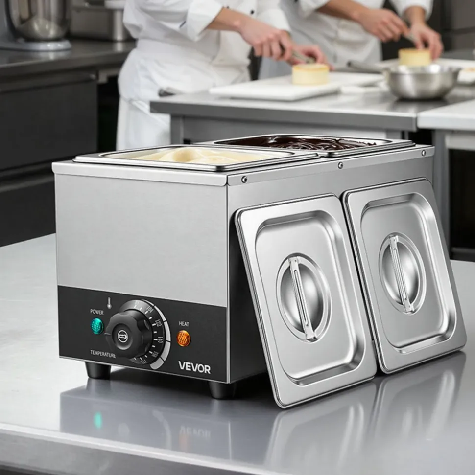 VEVOR Chocolate Melting Machine, 2 Tanks 9 Lbs Choc Commercial Melter, 800W High Power, Water Bath Heating System, Stainless Steel Body, 86℉- 185℉ Temp Range, Chocolate Warmer for Cheese Milk