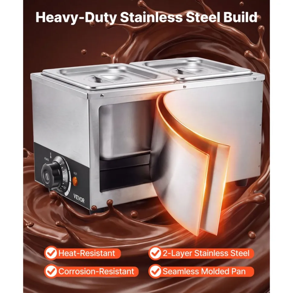VEVOR Chocolate Melting Machine, 2 Tanks 9 Lbs Choc Commercial Melter, 800W High Power, Water Bath Heating System, Stainless Steel Body, 86℉- 185℉ Temp Range, Chocolate Warmer for Cheese Milk