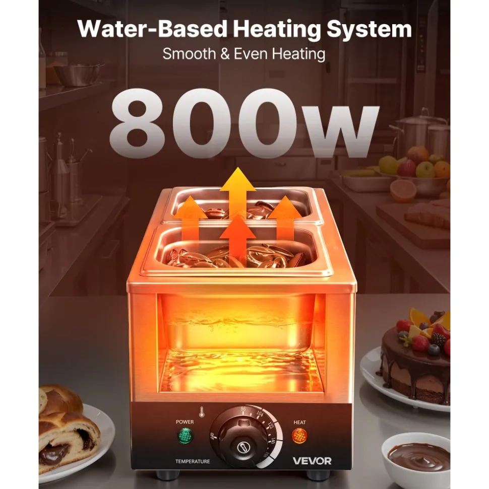 VEVOR Chocolate Melting Machine, 2 Tanks 9 Lbs Choc Commercial Melter, 800W High Power, Water Bath Heating System, Stainless Steel Body, 86℉- 185℉ Temp Range, Chocolate Warmer for Cheese Milk
