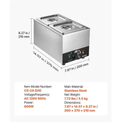 VEVOR Chocolate Melting Machine, 2 Tanks 9 Lbs Choc Commercial Melter, 800W High Power, Water Bath Heating System, Stainless Steel Body, 86℉- 185℉ Temp Range, Chocolate Warmer for Cheese Milk