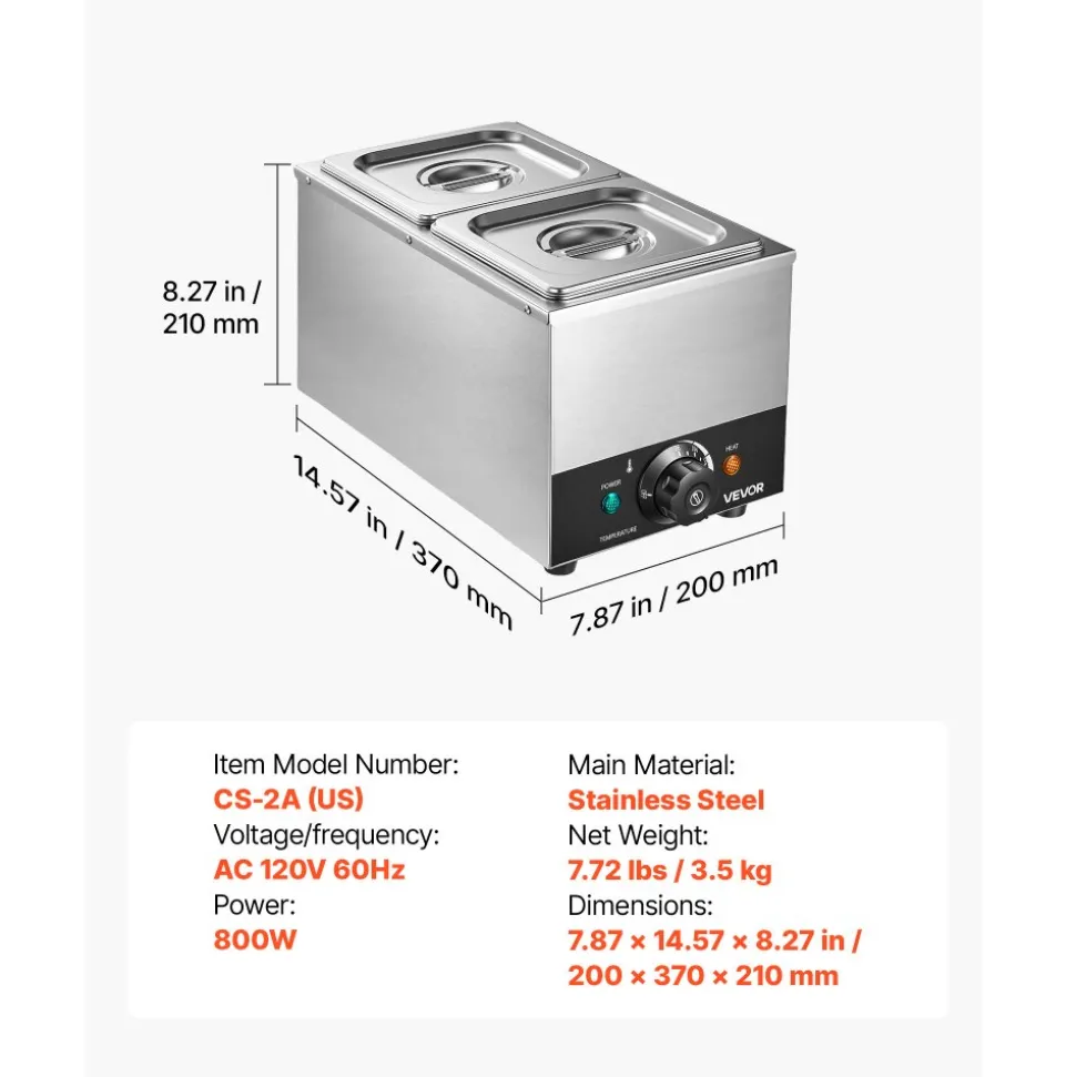 VEVOR Chocolate Melting Machine, 2 Tanks 9 Lbs Choc Commercial Melter, 800W High Power, Water Bath Heating System, Stainless Steel Body, 86℉- 185℉ Temp Range, Chocolate Warmer for Cheese Milk