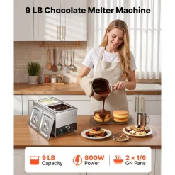 VEVOR Chocolate Melting Machine, 2 Tanks 9 Lbs Choc Commercial Melter, 800W High Power, Water Bath Heating System, Stainless Steel Body, 86℉- 185℉ Temp Range, Chocolate Warmer for Cheese Milk