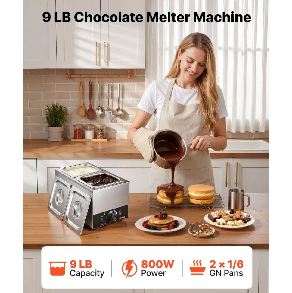 VEVOR Chocolate Melting Machine, 2 Tanks 9 Lbs Choc Commercial Melter, 800W High Power, Water Bath Heating System, Stainless Steel Body, 86℉- 185℉ Temp Range, Chocolate Warmer for Cheese Milk