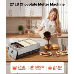 VEVOR Chocolate Melting Machine, 3 Tanks 27 Lbs Choc Commercial Melter, 1200W High Power, Water Bath Heating System, Stainless Steel Body, 86℉- 185℉ Temp Range, Chocolate Warmer for Cheese Milk