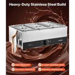 VEVOR Chocolate Melting Machine, 3 Tanks 27 Lbs Choc Commercial Melter, 1200W High Power, Water Bath Heating System, Stainless Steel Body, 86℉- 185℉ Temp Range, Chocolate Warmer for Cheese Milk