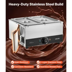 VEVOR Chocolate Melting Machine, 2 Tanks 17.6 Lbs Choc Commercial Melter, 1200W High Power, Water Bath Heating System, Stainless Steel Body, 86℉- 185℉ Temp Range, Chocolate Warmer for Cheese Milk