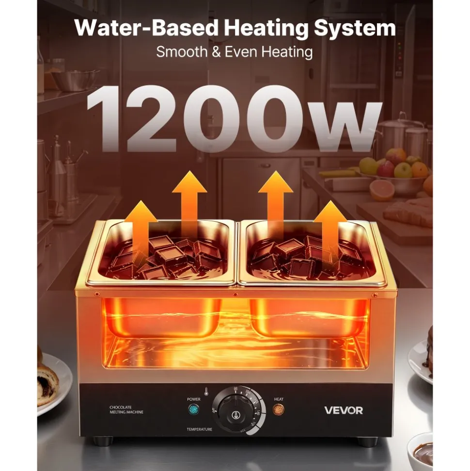 VEVOR Chocolate Melting Machine, 2 Tanks 17.6 Lbs Choc Commercial Melter, 1200W High Power, Water Bath Heating System, Stainless Steel Body, 86℉- 185℉ Temp Range, Chocolate Warmer for Cheese Milk