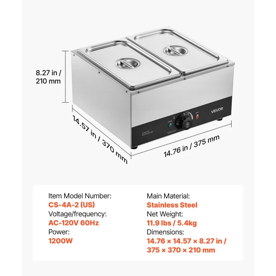 VEVOR Chocolate Melting Machine, 2 Tanks 17.6 Lbs Choc Commercial Melter, 1200W High Power, Water Bath Heating System, Stainless Steel Body, 86℉- 185℉ Temp Range, Chocolate Warmer for Cheese Milk