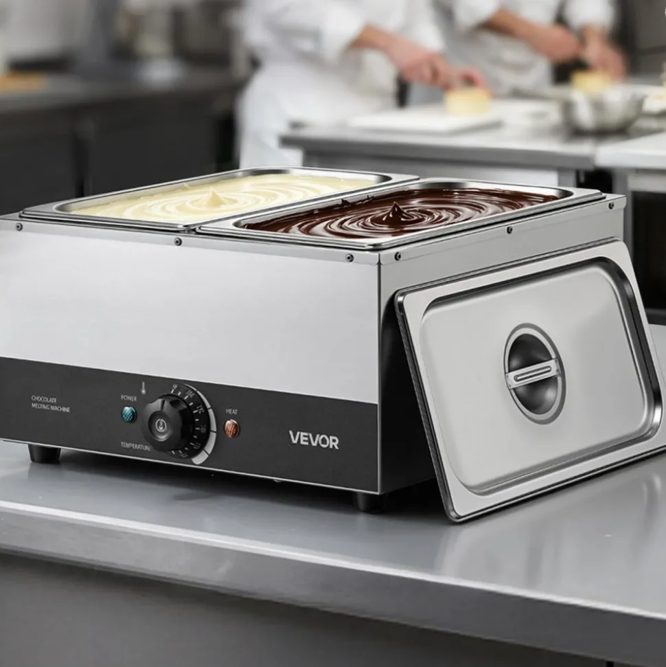 VEVOR Chocolate Melting Machine, 2 Tanks 17.6 Lbs Choc Commercial Melter, 1200W High Power, Water Bath Heating System, Stainless Steel Body, 86℉- 185℉ Temp Range, Chocolate Warmer for Cheese Milk