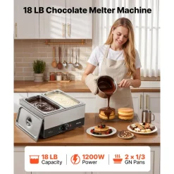 VEVOR Chocolate Melting Machine, 2 Tanks 17.6 Lbs Choc Commercial Melter, 1200W High Power, Water Bath Heating System, Stainless Steel Body, 86℉- 185℉ Temp Range, Chocolate Warmer for Cheese Milk