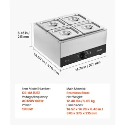 VEVOR Chocolate Melting Machine, 4 Tanks 17.6 Lbs Choc Commercial Melter, 1200W High Power, Water Bath Heating System, Stainless Steel Body, 86℉- 185℉ Temp Range, Chocolate Warmer for Cheese Milk