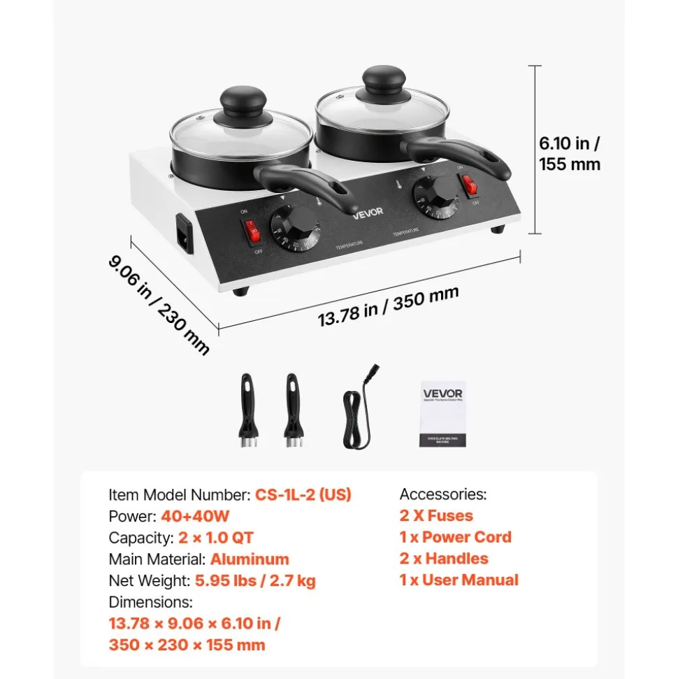 VEVOR Chocolate Melting Pot - 2 x 1 QT Pots, 86℉ - 185℉ Choc Warm Machine, 80W Even Cheese Melter, 2 Knobs Temp Control, 2 Ceramic Coated Pots, Electric Warmer for Mulled Milk Candy, Commercial & Home