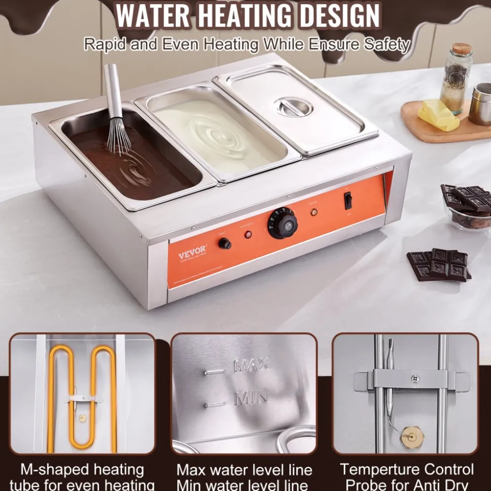 VEVOR Chocolate Tempering Machine, 26.5 Lbs 3 Tanks Chocolate Melting Pot TEMP Control 86~185℉, 1500W Stainless Steel Electric Commercial Food Warmer For Chocolate/Milk/Cream Melting and Heating
