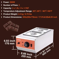 VEVOR Chocolate Tempering Machine, 9 Lbs 2 Tanks Chocolate Melting Pot with TEMP Control 86~185℉, 800W Stainless Steel Electric Commercial Food Warmer For Chocolate/Milk/Cream Melting and Heating