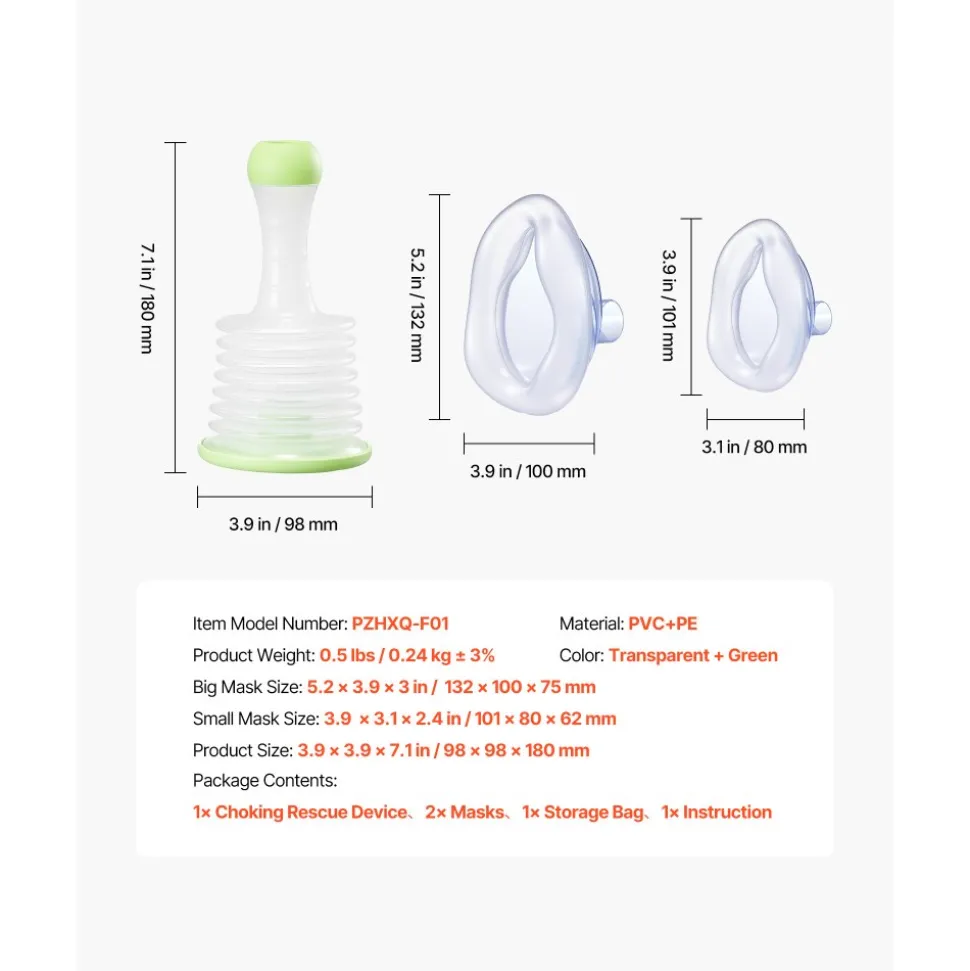 VEVOR Choking Rescue Device, Portable Airway Clear Anti Choking Suction Device with 2 Multi-size Masks and 1 Storage Bag, First Aid Kit for Removing Blocked Objects, for Home, School, Travel
