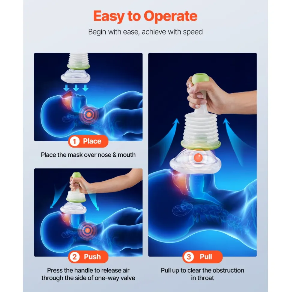 VEVOR Choking Rescue Device, Portable Airway Clear Anti Choking Suction Device with 2 Multi-size Masks and 1 Storage Bag, First Aid Kit for Removing Blocked Objects, for Home, School, Travel