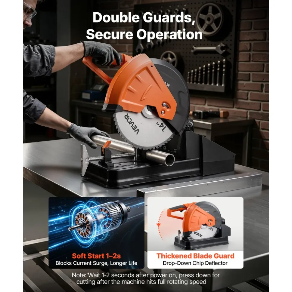 VEVOR Chop Saw 14-inch Cold Cut Blade 2800 W Powerful Motor Cut Off Saw, For Cutting Metal, -45° to 45° Adjustable Angle, Efficient Dry Cutting, with Thickened Blade Guard and Chip Collection Box