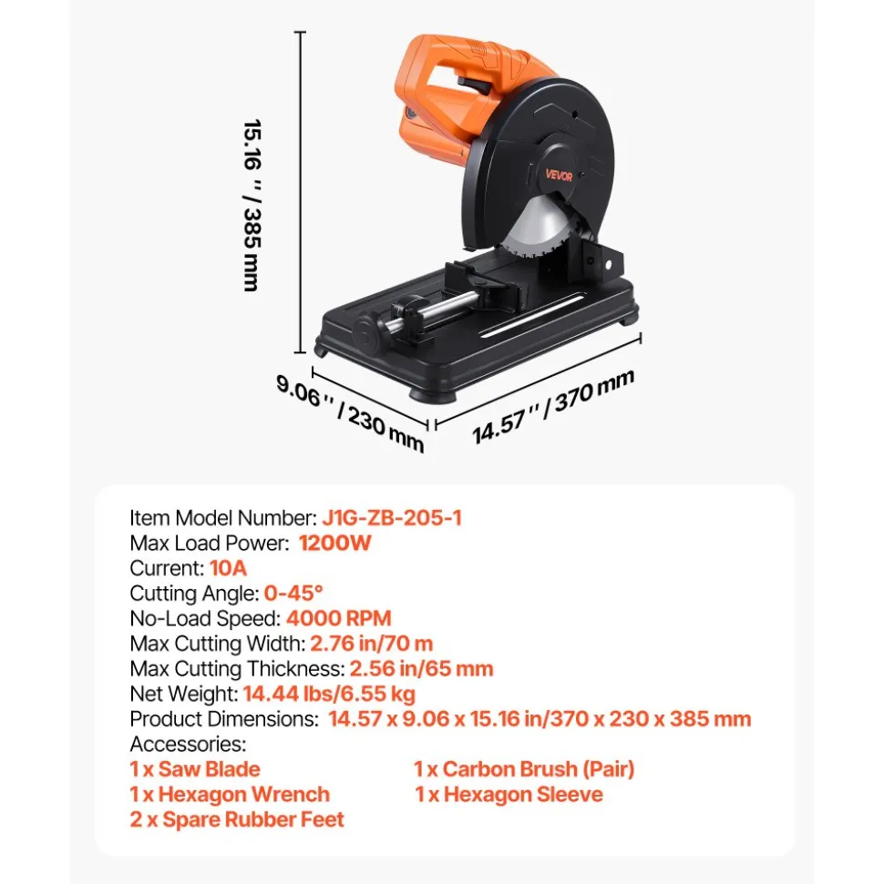 VEVOR Chop Saw, 7-1/4 in Stainless Steel Cold Cut Blade, 1200 W Motor, 4000 r/min Speed, 0-45° Adjustable Cutting Angle, Metal Cutting Chop Saw for Metal Square and Flat Tubes, I-Shaped Steels