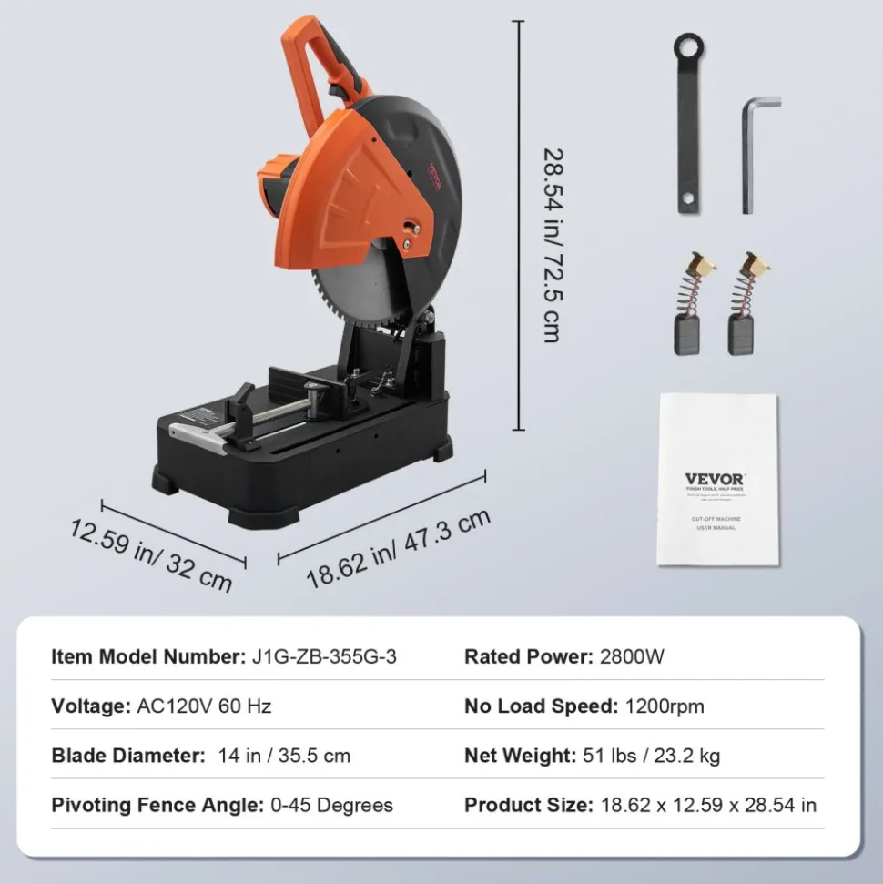 VEVOR Chop Saw, 14"/355mm Blade Diameter Cut Off Saw, 2800W 1200RPM Steel Cutting Machine, 0-45° Adjustable Dry Cut Chop Saw, Miter Saw for Cutting Metal Cold Cut Saw for Steel/Rebar/Iron/Aluminum