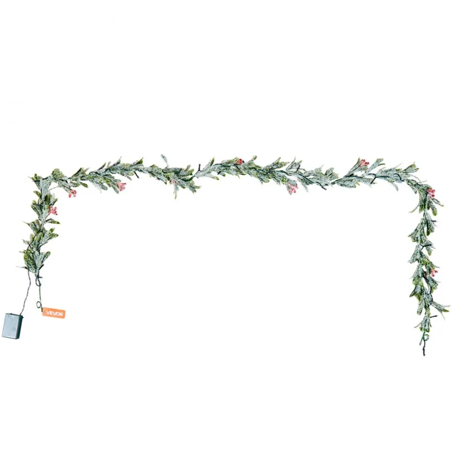 VEVOR Christmas Garland, 6.6-FT Realistic Greenery Decorated with Vines, Olive Leaves, and Berries, Evergreen Faux Garlands with Light String for Indoor Outdoor Xmas Decoration on Mantel Fireplace