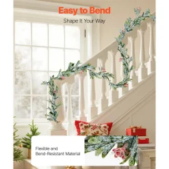 VEVOR Christmas Garland, 6.6-FT Realistic Greenery Decorated with Vines, Olive Leaves, and Berries, Evergreen Faux Garlands with Light String for Indoor Outdoor Xmas Decoration on Mantel Fireplace