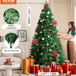 VEVOR Christmas Tree, 7.5ft Artificial Xmas Tree, Full Holiday Decor Tree with 1346 Branch Tips and Metal Base for Home Party Office Decoration