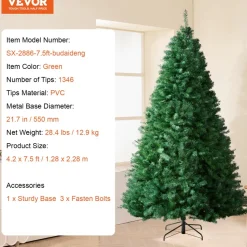 VEVOR Christmas Tree, 7.5ft Artificial Xmas Tree, Full Holiday Decor Tree with 1346 Branch Tips and Metal Base for Home Party Office Decoration