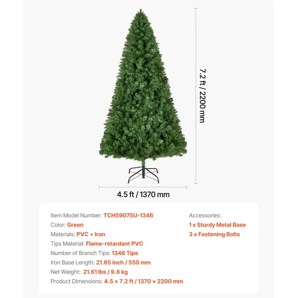 VEVOR Christmas Tree, 7.2ft Artificial Xmas Tree, Full Holiday Decor Trees with 1346 Branch Tips & Sturdy Metal Base for Home Party Office Decoration