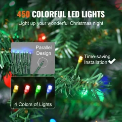 VEVOR Christmas Tree, 6.5ft Prelit Artificial Xmas Tree, Full Holiday Decor Tree with 450 Multi-Color LED Lights, 1227 Branch Tips, Metal Base for Home Party Office Decoration Tested to UL Standards